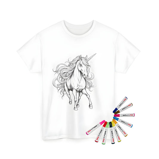 Unisex t-shirt with magical coloring kit and vibrant unicorn illustrations