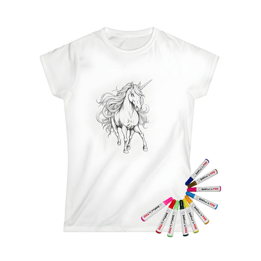 Women's unicorn graphic t-shirt, featuring a colorful illustration of a majestic horse-like mythical creature with a flowing mane and horn.