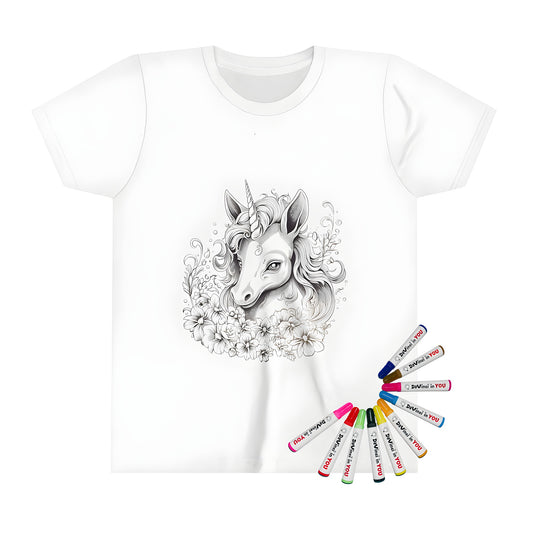 Kids' T-shirt featuring colorful unicorn illustration with flowers, fun kids apparel