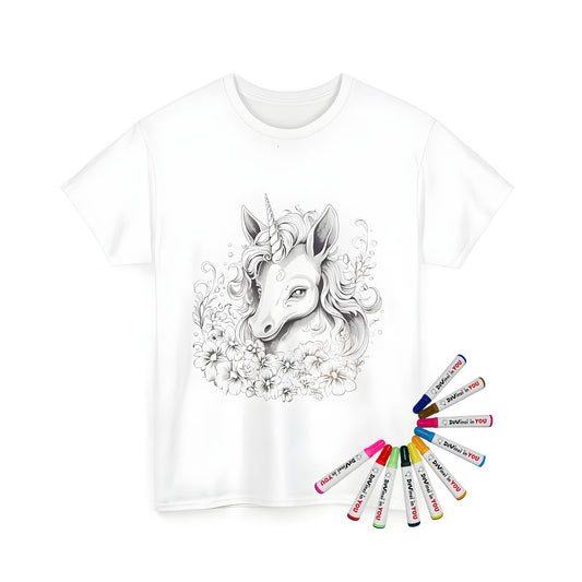 Unisex t-shirt featuring a vibrant unicorn head illustration surrounded by colorful flowers, perfect for a fun and creative activity.