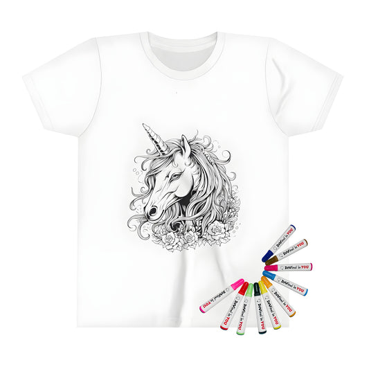 Colorful kid's t-shirt featuring a detailed unicorn head design with flowing mane and flowers.