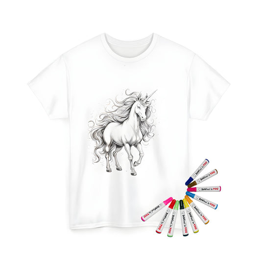 Coloring kit for unisex t-shirts featuring majestic unicorn illustrations, black and white designs, with flowing mane and spiral horn