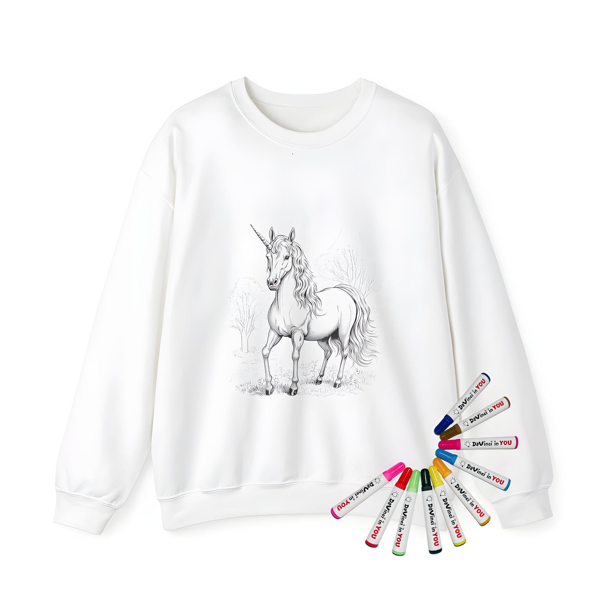 Adult sweatshirt featuring an enchanting unicorn illustration with vibrant colors and magical designs