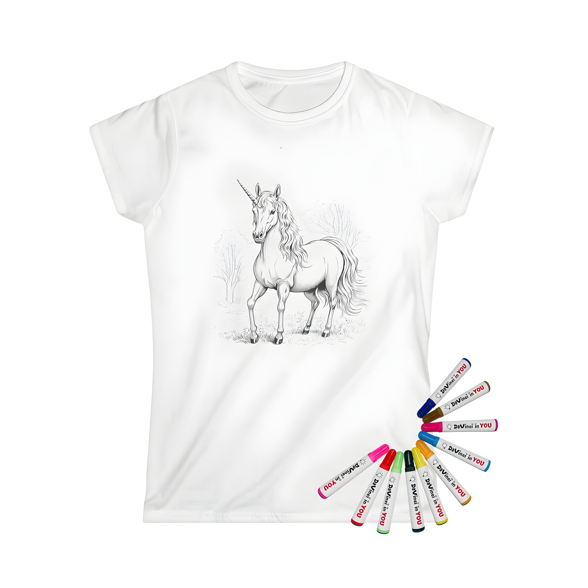 Coloring page artwork of a unicorn on a Women's t-shirt