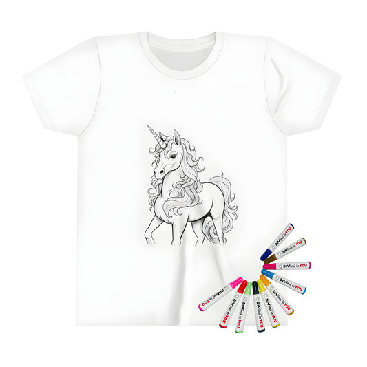 Coloring book-inspired kid's t-shirt with a majestic unicorn design featuring a flowing mane and spiral horn, perfect for little artists to decorate with our 10 fabric markers.