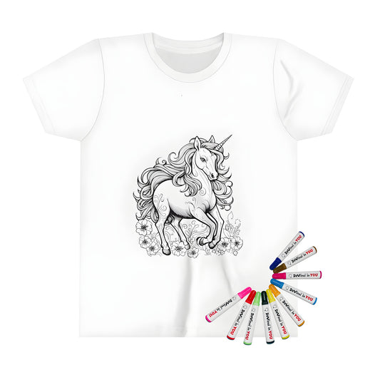 Detailed line art of a horse-like mythical creature with a flowing mane and floral designs printed on a kid's t-shirt