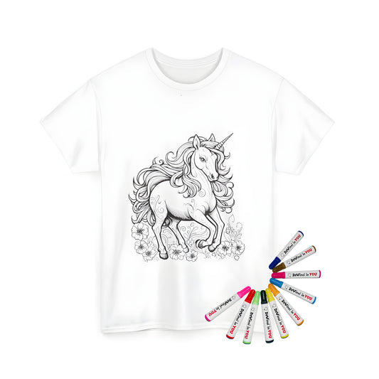 Unisex t-shirt featuring detailed line art of a mythical unicorn with flowing mane and floral elements