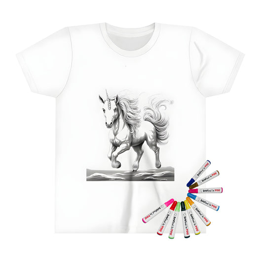 Colorful kid's t-shirt featuring an illustration of a majestic unicorn galloping forward, surrounded by vibrant fabric markers