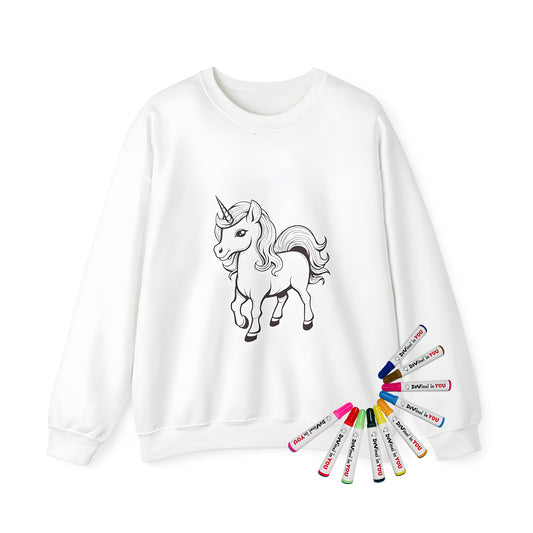 Adult sweatshirt featuring a colorful, majestic unicorn illustration for coloring. Includes 10 fabric markers.