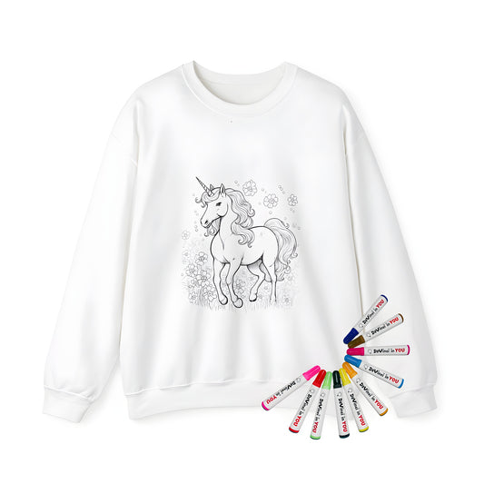 Adult sweatshirt featuring an enchanting unicorn illustration with flowers and bubbles