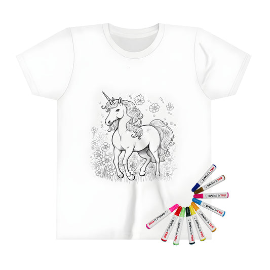 Coloring kit for kids featuring a unicorn illustration in a flower field on a kid's t-shirt