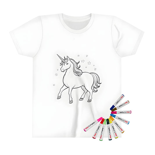 Unicorn themed kid's t-shirt with colorful fabric markers and a black and white outline of a magical unicorn design