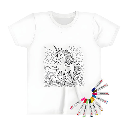 Colorful kid's t-shirt featuring a whimsical unicorn with flowing mane, standing amidst flowers, with a rainbow, clouds, and stars in the background.