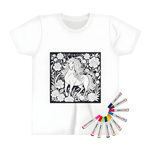 Kid's t-shirt featuring a colorful unicorn illustration with floral patterns and intricate details