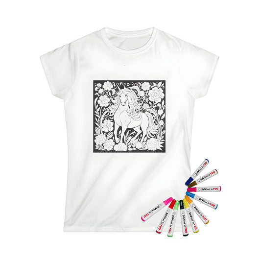 Women's t-shirt with vibrant floral unicorn coloring page design