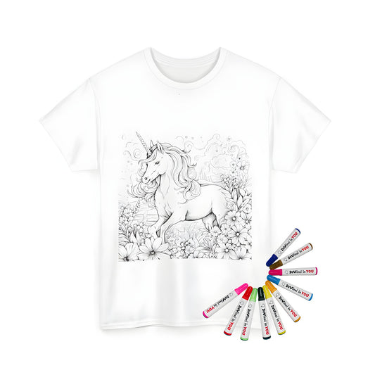 Unisex t-shirt featuring whimsical unicorn illustration amidst colorful flowers