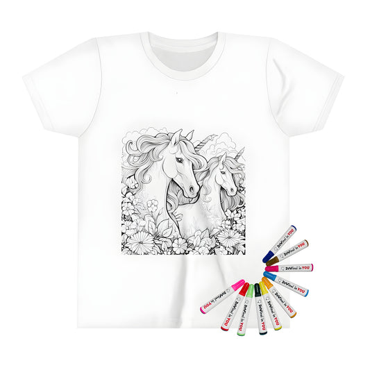 Coloring page inspired kid's t-shirt with unicorns in a flower garden, featuring whimsical designs and vibrant colors.