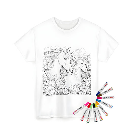 Unisex t-shirt featuring a whimsical black and white drawing of unicorns in a garden scene surrounded by flowers and clouds