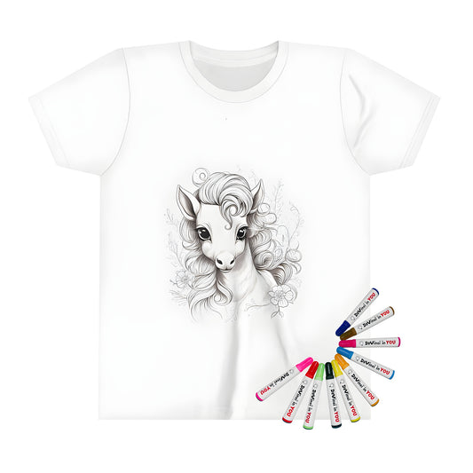 A close-up of a colorful kid's t-shirt featuring an intricate, detailed unicorn portrait with floral elements and flowing mane