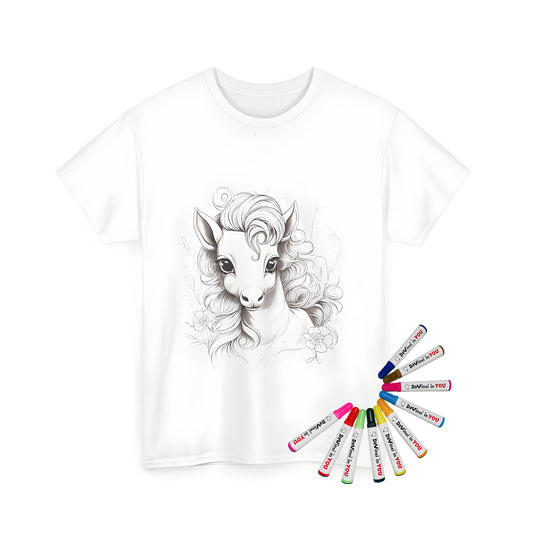 Unisex T-shirt with coloring page design of stylized unicorn portrait