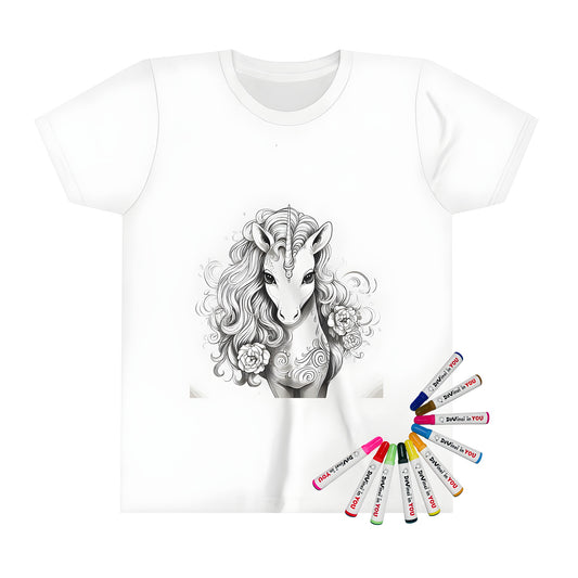 Kid's t-shirt featuring an intricate unicorn illustration with long flowing mane and floral decorations