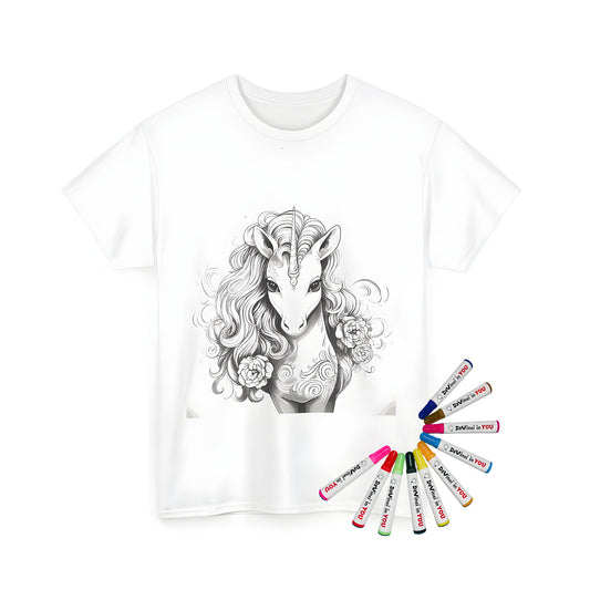 Unisex t-shirt featuring intricate black-and-white unicorn illustration with flowing mane and floral decorations