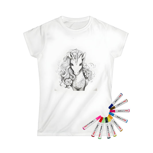 Women's t-shirt featuring an intricate unicorn design with long flowing mane and floral decorations.