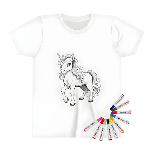 Coloring kit for kids featuring a beautiful, black and white unicorn illustration on a t-shirt