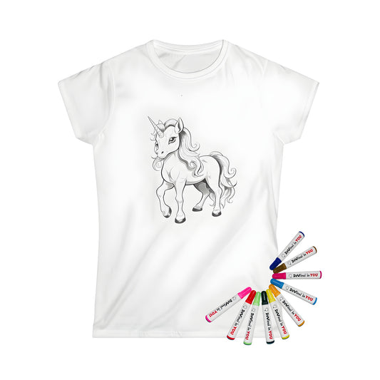 Magical horse apparel, women's t-shirt with unicorn design, coloring kit accessory