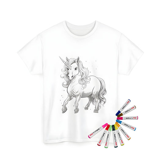 Unisex t-shirt with fantasy creature coloring page design. Black and white unicorn illustration with flowing mane and intricate details.