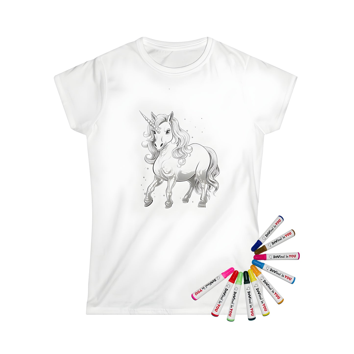 Women's t-shirt featuring a black and white illustration of a unicorn with flowing mane and intricate details. Perfect for fans of fantasy creatures like mythical beasts, magical horses, or enchanting unicorns.