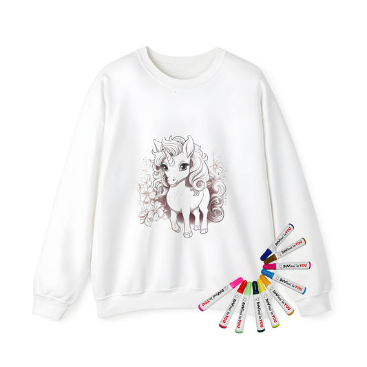 Adult sweatshirt featuring whimsical unicorn with flowing mane surrounded by flowers, magical fantasy-themed scene