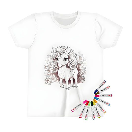 Whimsical unicorn coloring page design on kid's t-shirt, surrounded by flowers and foliage