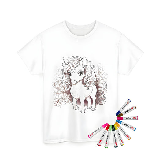 Magical unicorn in floral background adult and kids t-shirt coloring kit