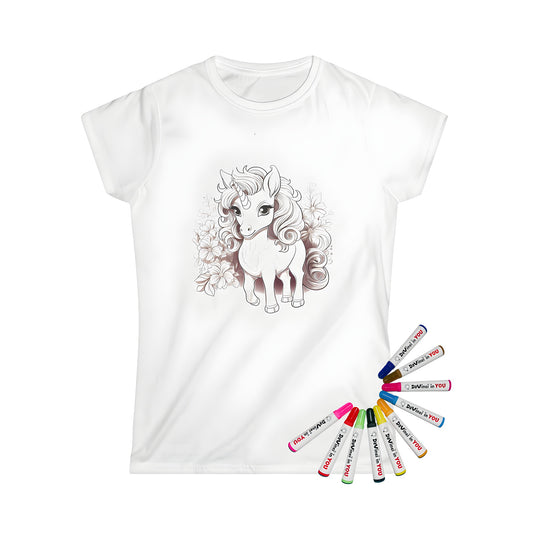 Women's t-shirt featuring a whimsical unicorn with flowing mane surrounded by flowers, magical scene design