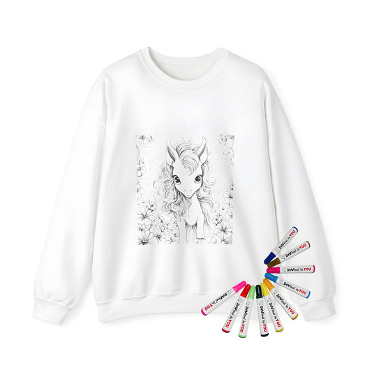 Adult sweatshirt featuring a detailed black-and-white sketch of a cute baby unicorn design with curly hair and intricate floral patterns