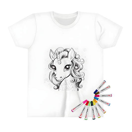 Coloring page inspired Kid's t-shirt with unicorn horse mythical creature illustration