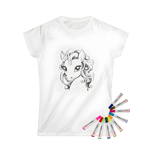 Coloring t-shirt for women featuring an outline drawing of a mythical horse-like creature with big eyes and curly hair surrounded by colorful bubbles.