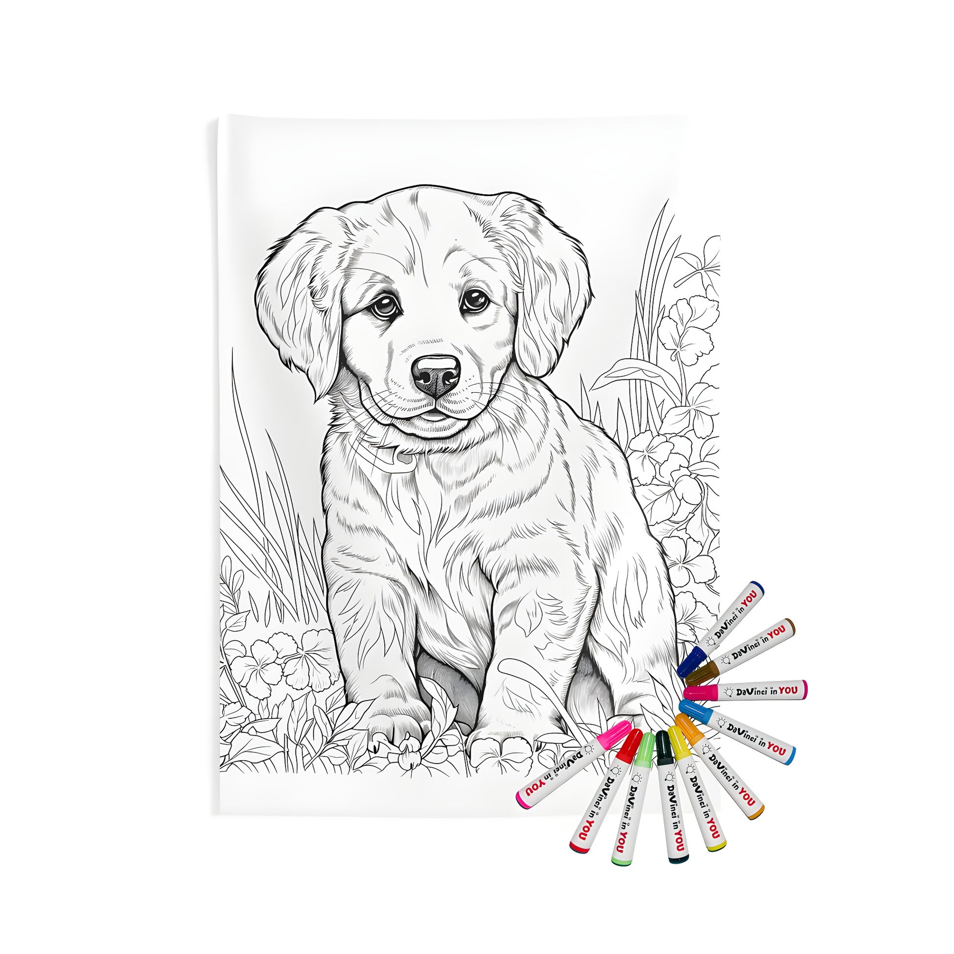 Indoor Wall Tapestry, Garden Scene, Cute Puppy, Coloring Kit, Fabric Markers