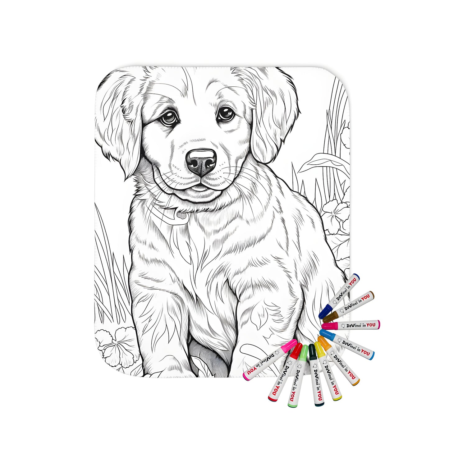 Coloring blanket with adorable puppy sitting in a beautiful garden scene featuring vibrant flowers and greenery.