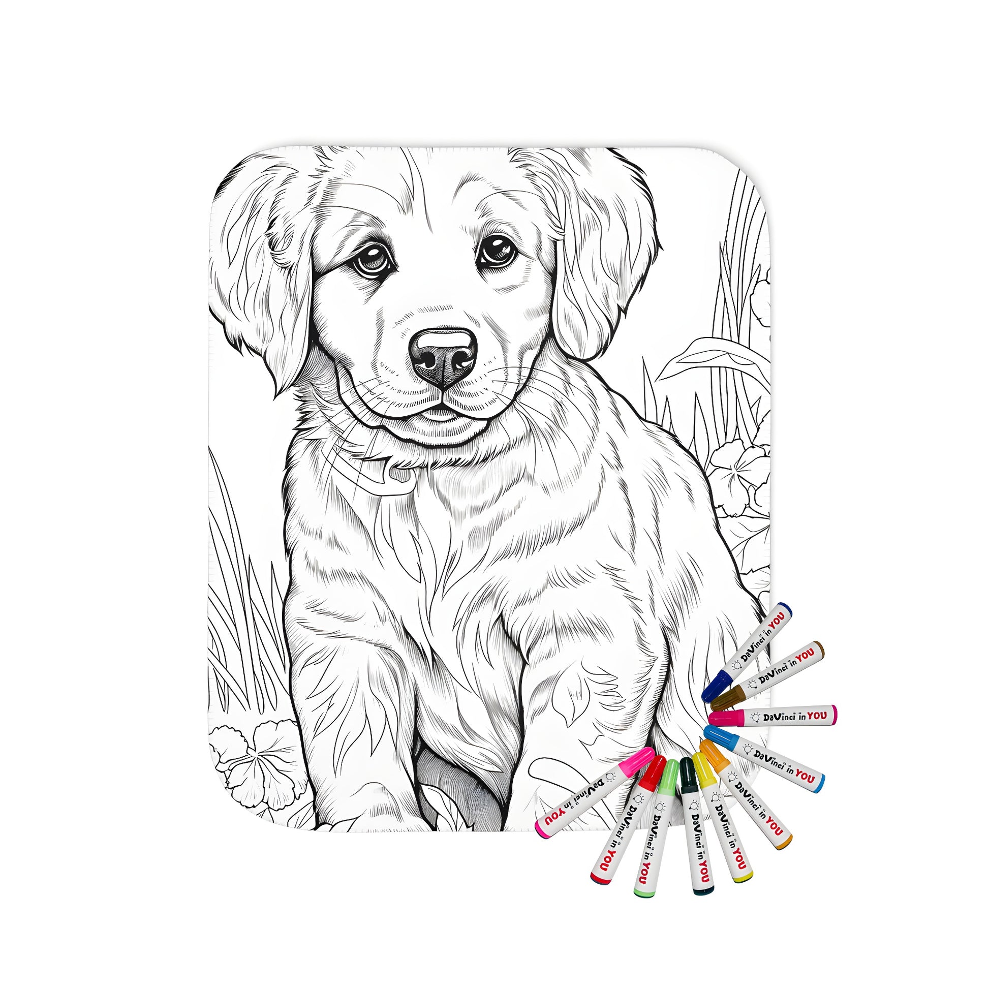 Coloring blanket with adorable puppy sitting in a beautiful garden scene featuring vibrant flowers and greenery.