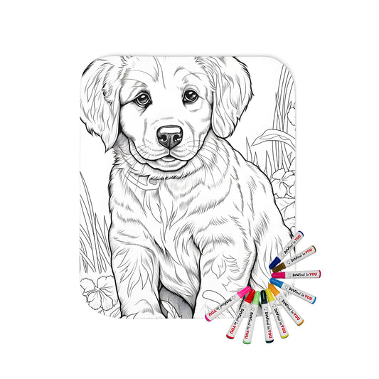 Coloring blanket with adorable puppy sitting in a beautiful garden scene featuring vibrant flowers and greenery.