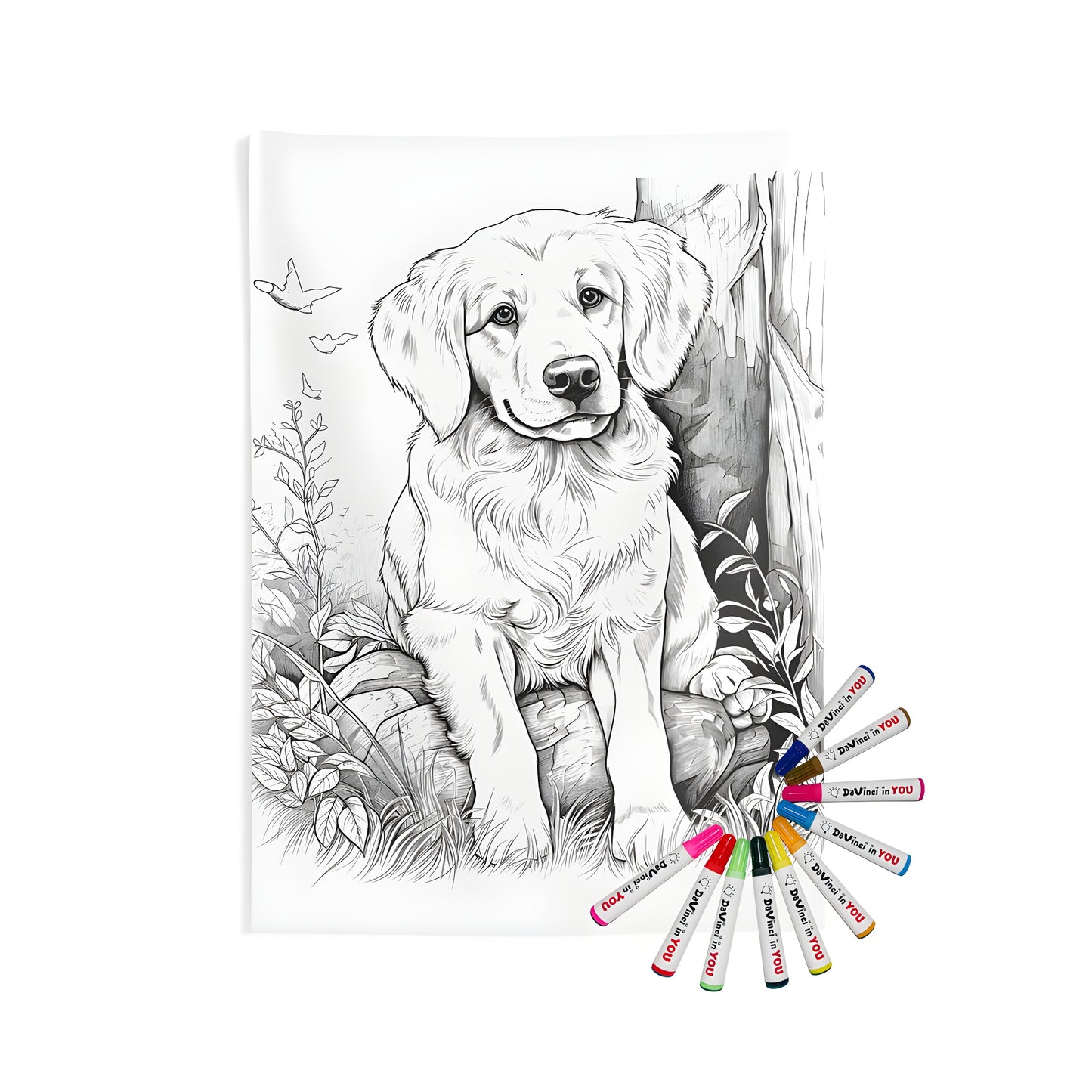 Coloring kit for adult coloring pages featuring adorable puppies in nature settings