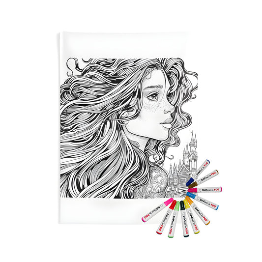 Detailed princess wall tapestry with castle and flowing black and white line art design