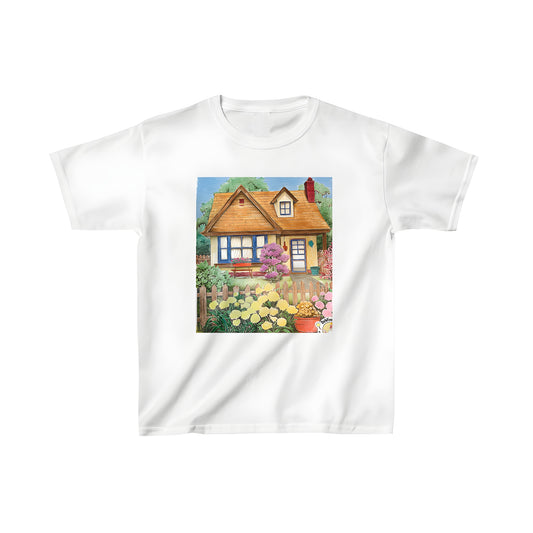 Cozy cottage-themed kids t-shirt for little ones, featuring a colorful garden scene with flowers, bushes, and a picket fence, perfect for spring or summer