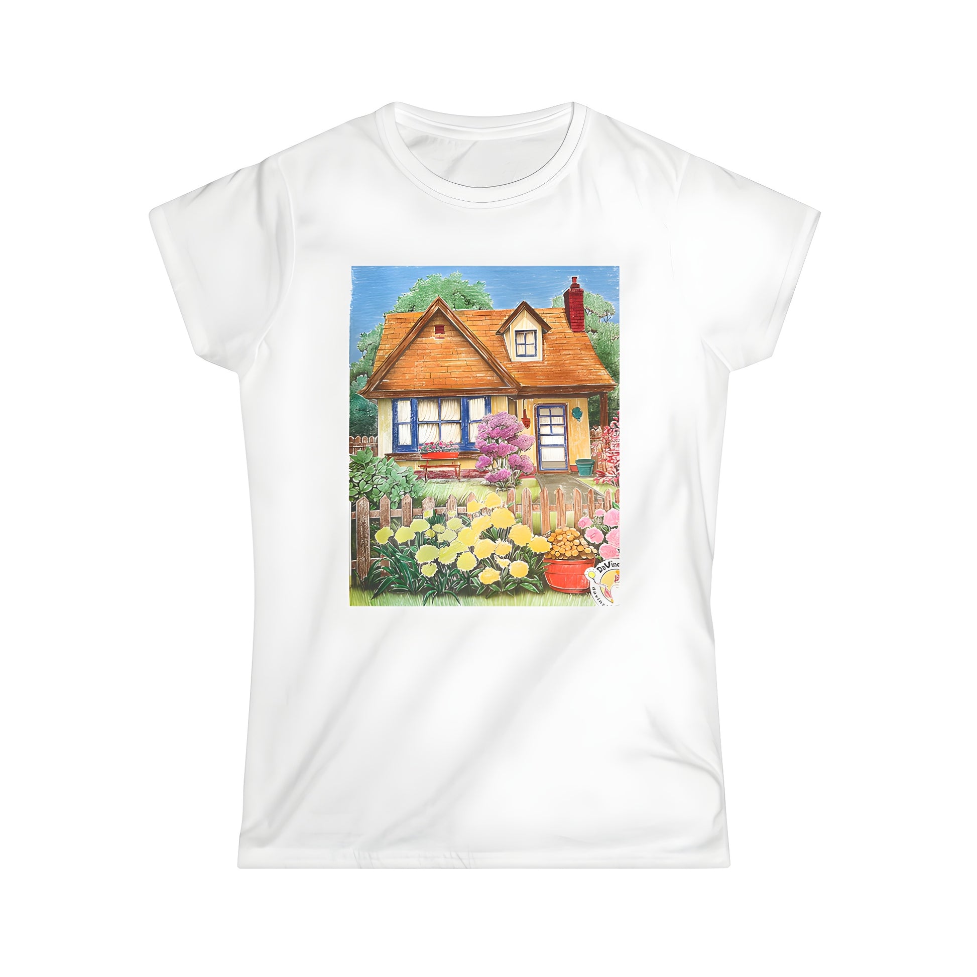 Women's t-shirt featuring a colorful cottage garden scene with flowers, bushes, and picket fence under blue sky