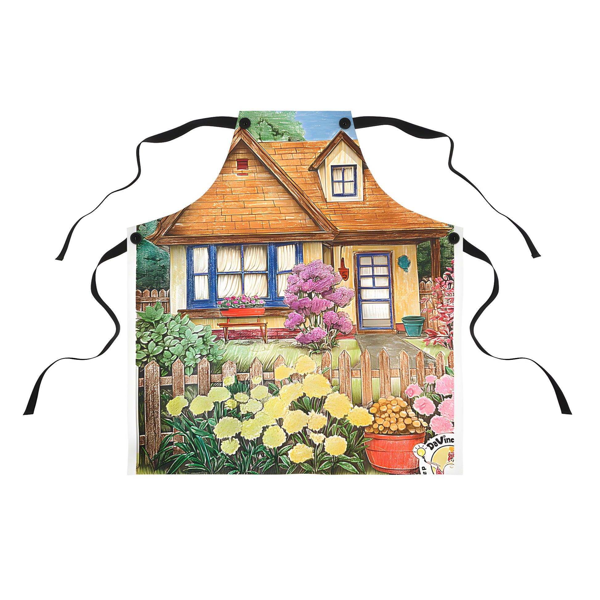 Colorful apron with whimsical cottage garden design, perfect for gardening enthusiasts and fans of rustic charm