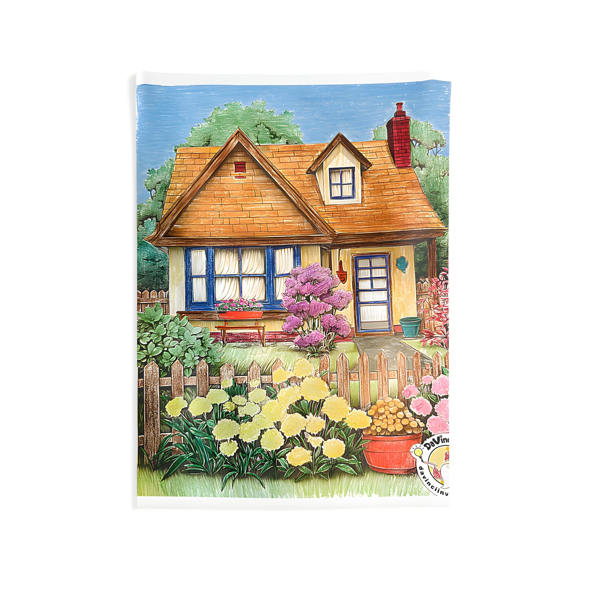 Indoor wall tapestries featuring a cottage design with vibrant garden and flowers, perfect for home decor