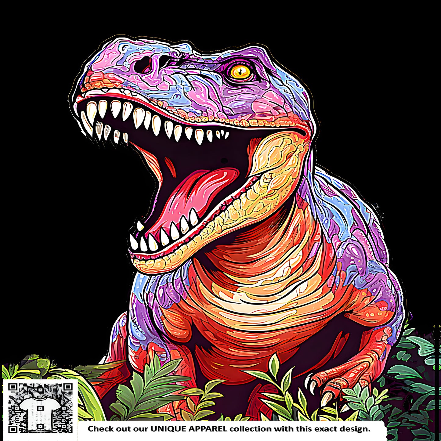 Colorful dinosaur illustration of a Tyrannosaurus Rex, Stegosaurus or Velociraptor