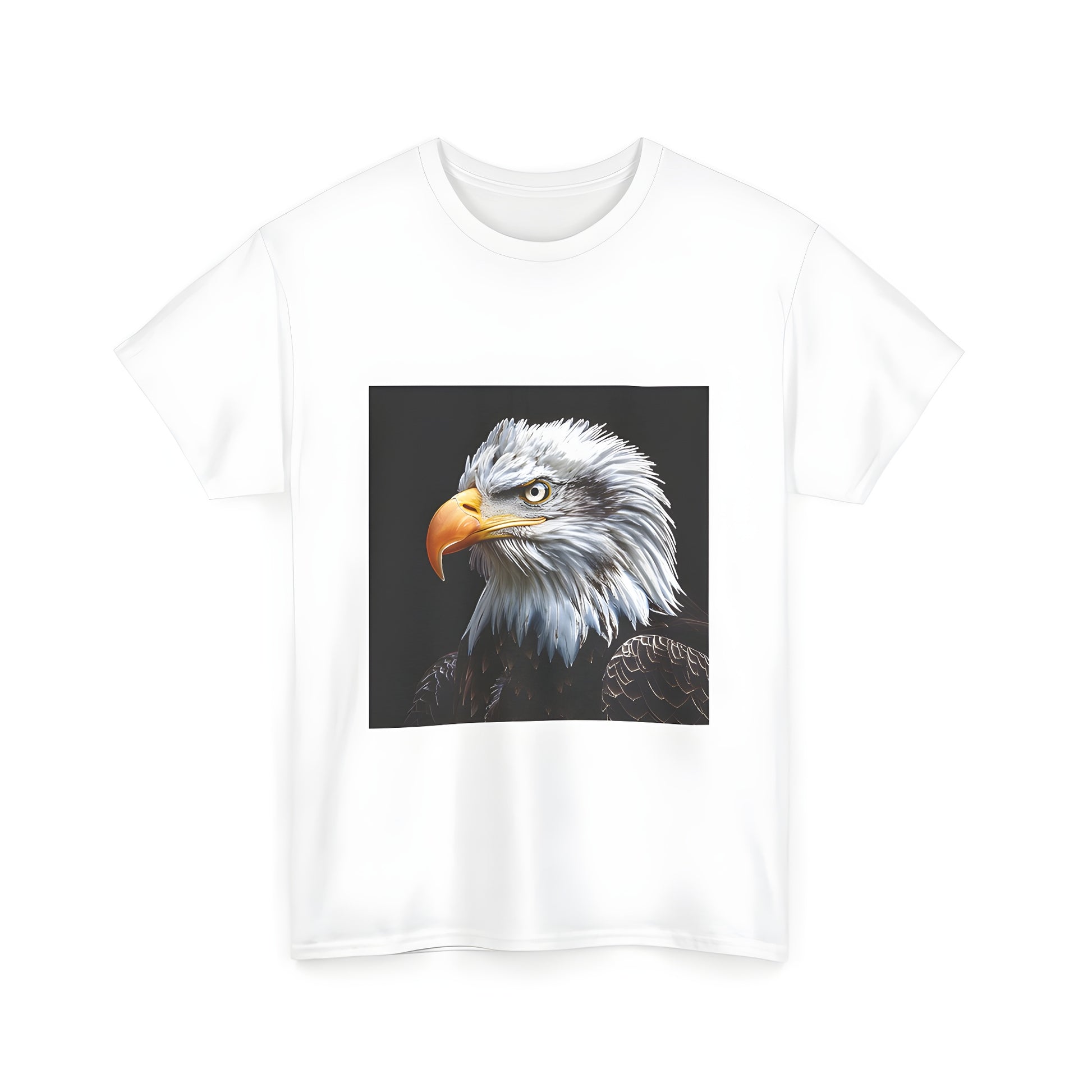 A vibrant Unisex T-shirt featuring a stunning close-up of an American bird of prey, specifically a Golden Eagle variant, showcasing its razor-sharp yellow beak and striking plumage. Perfect for nature lovers and wildlife enthusiasts alike.